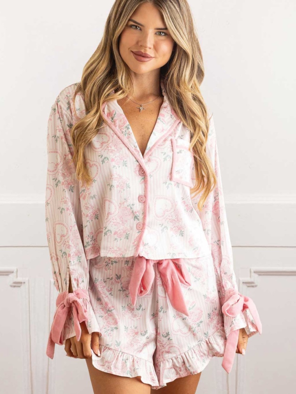 8 Oak Lane Sweetheart Blooms Satin PJ Set Ruffle Short